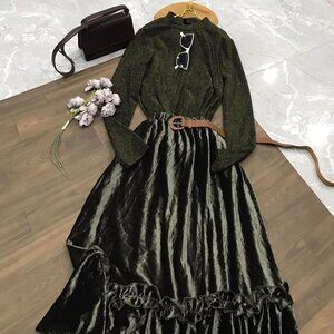 Olive Green Knit Top + Velvet Maxi Skirt Set